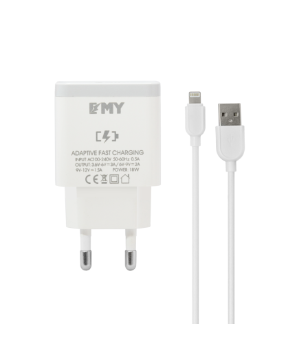 Мрежово зарядно устройство EMY MY-A301Q, Quick Charge 3.0, Lightning Кабел, Бял - 14960