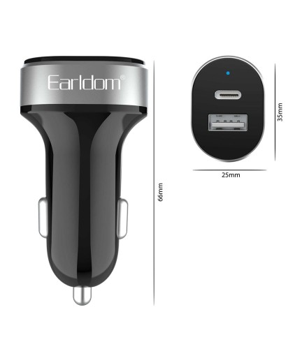 Зарядно устройство за кола Earldom ES-CC14, 1xUSB, 1xType-C, С Lightning кабел, Черен - 40242