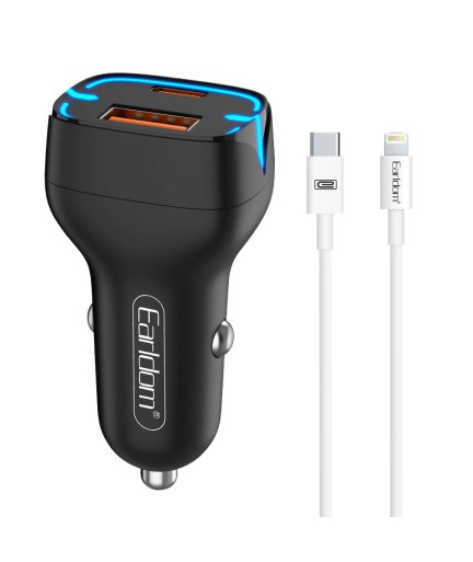 Зарядно устройство за кола Earldom ES-CC2, 1xUSB QC3.0, 1xType-C PD, С PD Lightning кабел, Различни цветове - 40251