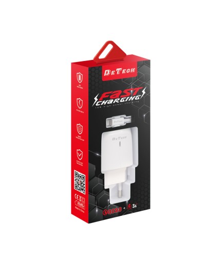 Мрежово зарядно устройство DeTech DE-32QCC, 18W, С Type-C кабел, 2 x USB F, QC, Бял - 40327