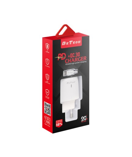 Мрежово зарядно устройство DeTech DE-31i, 20W, С Lightning кабел, 1 x Type-C F, 1 x USB F, PD, QC, Бял - 40320