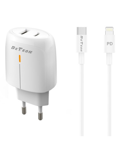 Мрежово зарядно устройство DeTech DE-31PDL, 20W, С Type-C към Lightning кабел, 1 x Type-C F, 1 x USB F, PD, QC, Бял - 40323