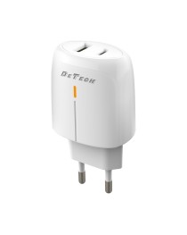 Мрежово зарядно устройство DeTech DE-31, 20W, 1 x Type-C F, 1 x USB F, PD, QC, Бял - 40318