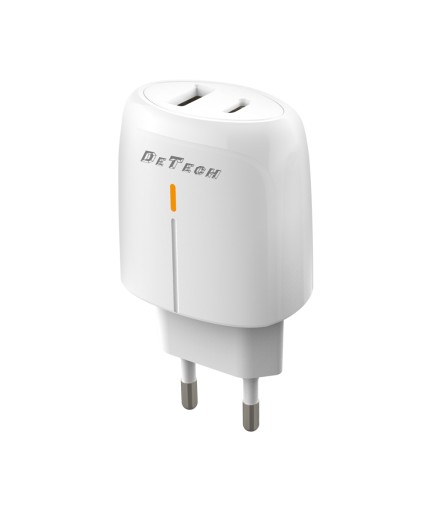 Мрежово зарядно устройство DeTech DE-31, 20W, 1 x Type-C F, 1 x USB F, PD, QC, Бял - 40318