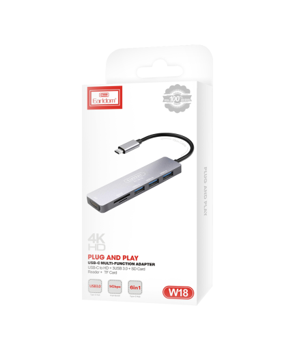 Докинг станция Earldom ET-W18, Type-C към 3xUSB 3.0, SD, MicroSD, HDMI, Сив - 40232