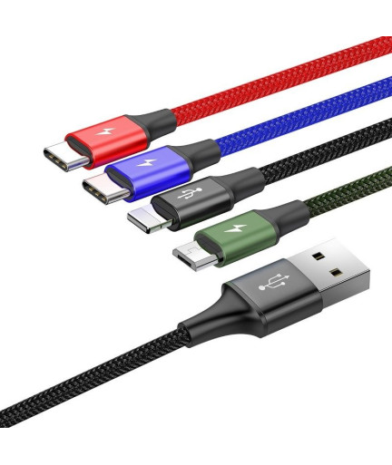 Кабел за зареждане Baseus Fast, 4 в 1, Micro USB, Lightning, 2 x Type-C, 1.2m, Черен - 40494