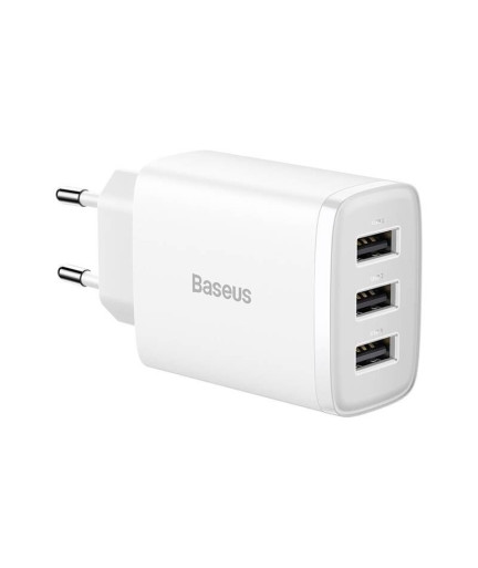 Мрежово зарядно устройство Baseus Compact 3U, 17W, 3 x USB F, Бял - 40412