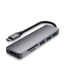 Докинг станция DeTech, 6в1 USB3.1 Type-C-USB3.0*3+4K, HDMI 4K 30Hz,SD/TF Card, Сив - 17851