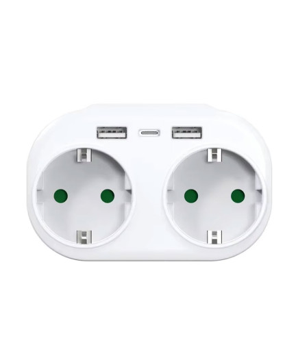 Удължител No brand, 2 гнезда, 250V, 16A, Без кабел, 2 x USB F, 1 х USB-C, Бял - 17891