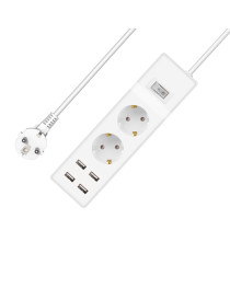 Удължител No brand, 2 гнезда, 250V, 16A, Кабел, 3m, 4 x USB F, С ключ, Бял - 17884