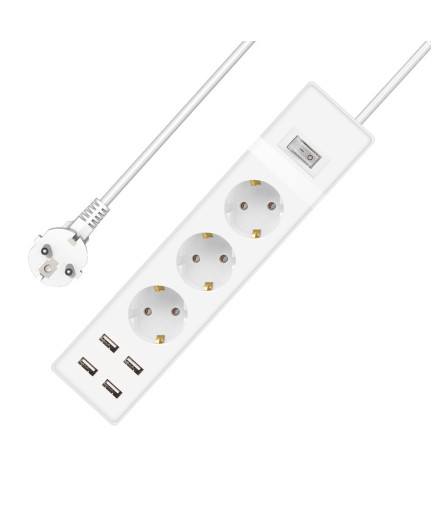 Удължител No brand, 3 гнезда, 250V, 16A, Кабел, 1.5m, 4 x USB F, С ключ, Бял - 17885