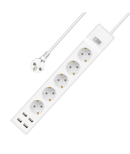 Удължител No brand, 5 гнезда, 250V, 16A, Кабел, 1.5m, 4 x USB F, С ключ, Бял - 17889