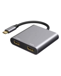 Преходник DeTech,  2в1, USB-C –2хHDMI, 4K, 30Hz, Сив - 17846