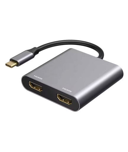 Преходник DeTech,  2в1, USB-C –2хHDMI, 4K, 30Hz, Сив - 17846