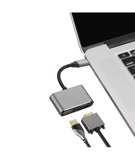 Преходник DeTech, 2в1, USB-C – HDMI+VGA, 4K, 30Hz, 3D, Сив - 17842