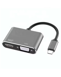 Преходник DeTech, 2в1, USB-C – HDMI+VGA, 4K, 30Hz, 3D, Сив - 17842