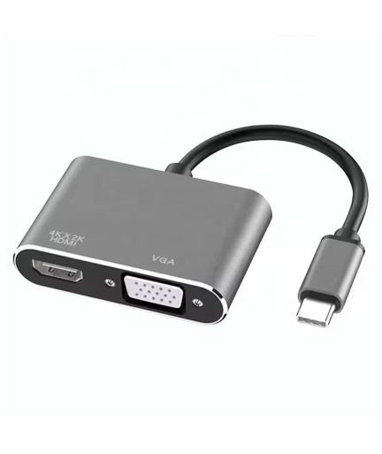 Преходник DeTech, 2в1, USB-C – HDMI+VGA, 4K, 30Hz, 3D, Сив - 17842