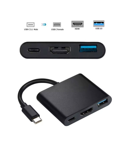 Преходник DeTech, 3в1 USB-C–HDMI+USB3.0+PD, 4K, 30Hz, Сив - 17844