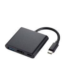 Преходник DeTech, 3в1 USB-C–HDMI+USB3.0+PD, 4K, 30Hz, Сив - 17844