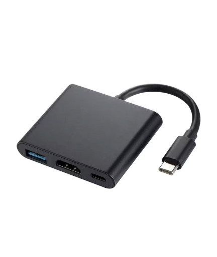 Преходник DeTech, 3в1 USB-C–HDMI+USB3.0+PD, 4K, 30Hz, Сив - 17844