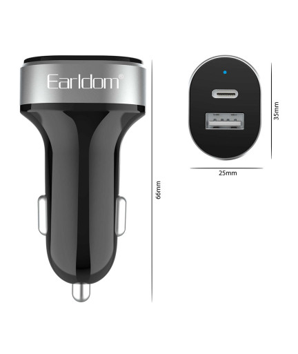 Зарядно устройство за кола Earldom ES-CC14, 1xUSB, 1xType-C, С PD Type-C кабел, Черен - 40354