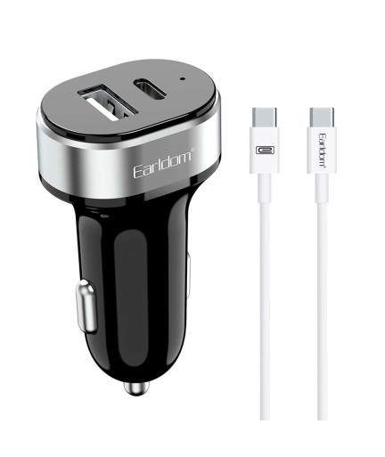 Зарядно устройство за кола Earldom ES-CC14, 1xUSB, 1xType-C, С PD Type-C кабел, Черен - 40354