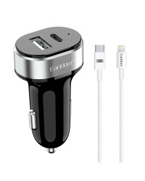 Зарядно устройство за кола Earldom ES-CC14, 1xUSB, 1xType-C, С PD Lightning кабел, Черен - 40355