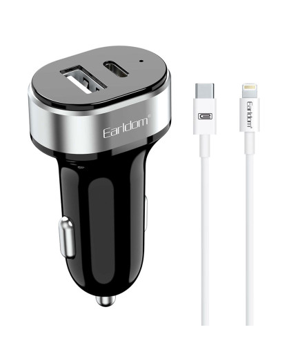 Зарядно устройство за кола Earldom ES-CC14, 1xUSB, 1xType-C, С PD Lightning кабел, Черен - 40355