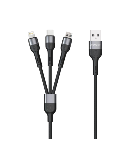 Кабел за зареждане DeTech DE-C41, 3 в 1, Micro USB, Lightning, Type-C, 1.0m, Черен - 40204