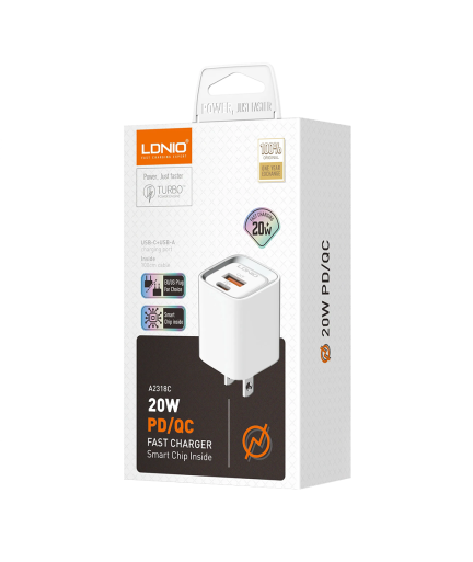 Мрежово зарядно устройство LDNIO A2318C, 20W, 1 x Type-C F, 1 x USB F, PD, QC, С Кабел Type-C към Lightning, Бял - 40293