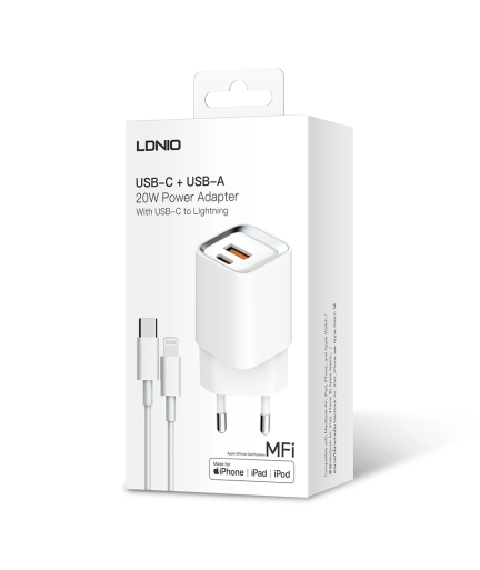 Мрежово зарядно устройство LDNIO A2318M, MFi, 20W, 1 x Type-C F, 1 x USB F, PD, QC, С Кабел Type-C към Lightning, Бял - 40281