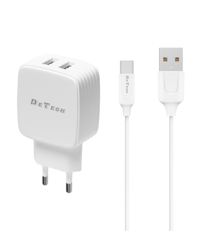 Мрежово зарядно устройство, DeTech, DE-33C, 5V/2.4A, 220V, 2 x USB, С Type-C кабел, 1.0m, Бял - 40102