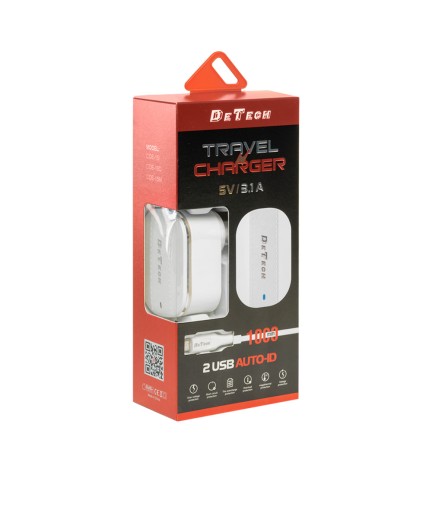 Мрежово зарядно устройство DeTech DE-15i, 5V/3.1A, 220V, 2 x USB, С Lightning кабел, 1.0m, Бял - 40097