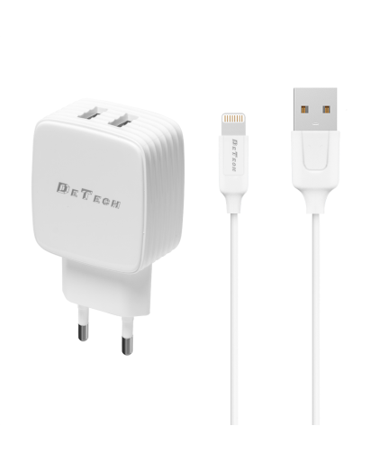 Мрежово зарядно устройство DeTech DE-33i, 5V/2.4A, 220V, 2 x USB, С Lightning кабел, 1.0m, Бял - 40101