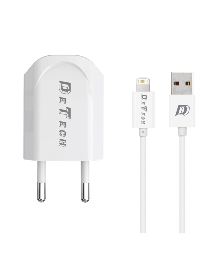 Мрежово зарядно устройство, DeTech, DE-11i, 5V/1A, 220V,1 x USB, С Lightning кабел, 1.0m, Бял - 14116