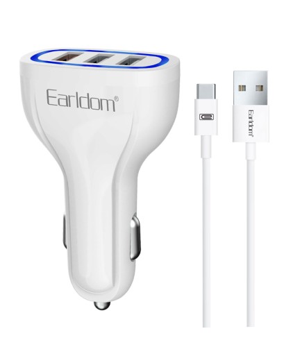 Зарядно устройство за кола Earldom ES-CC13, 3xUSB, QC3.0, С Type-C кабел, Бял - 40254