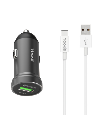 Зарядно устройство за кола Yookie PC2, Quick Charge 3.0, 1xUSB, С Type-C кабел, Различни цветове - 40139