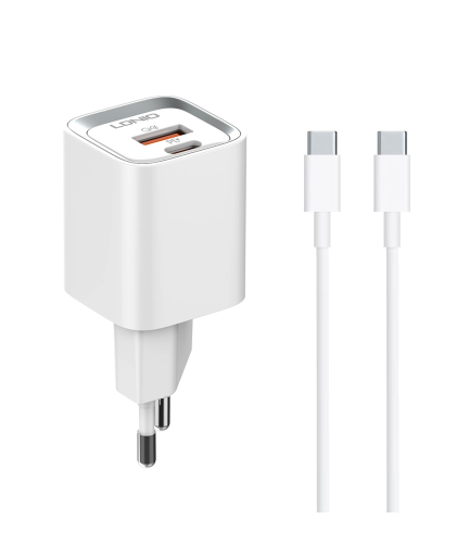 Мрежово зарядно устройство LDNIO A2318C, 20W, 1 x Type-C F, 1 x USB F, PD, QC, С PD Type-C кабел, Бял - 40292