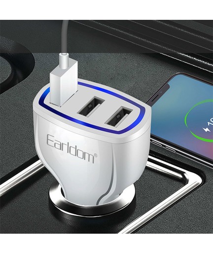 Зарядно устройство за кола Earldom ES-CC13, 3xUSB, QC3.0, С Micro USB кабел, Бял - 40252